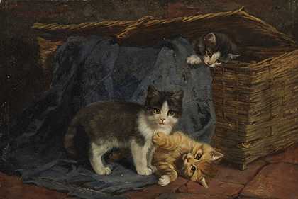 三只小猫，1887年。 by Julius II Adam