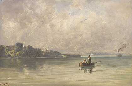 带有渔船和轮船的切姆西，约1830/1840年。 by Friedrich Voltz