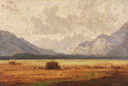 阿尔卑斯山麓的干草收获，约1860-1880年。 by Eduard Schleich d. J.