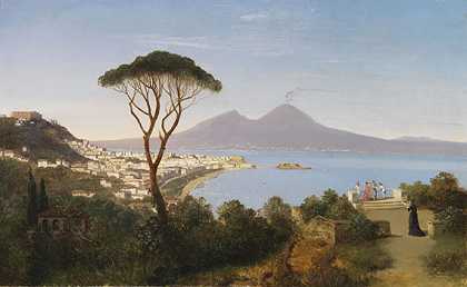 从波西利波到那不勒斯宽阔的海湾，俯瞰烟雾缭绕的维苏威火山，约1850年。 by Albert August Zimmermann
