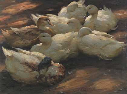 躺在地上的鸭子，大约1905-1908年。 by Alexander Koester