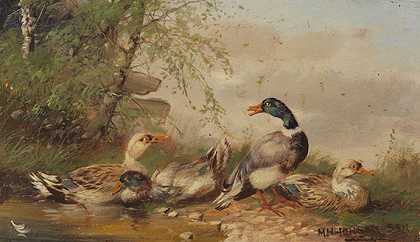 2幅画：村庄郊区的养鸡场。池塘里有两只鸭子，大约1900-1920年。 by Max (Josef) Hänger