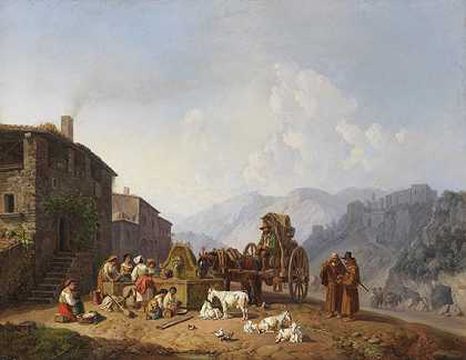 1852/53年，在意大利山区的村庄喷泉。 by Heinrich Bürkel