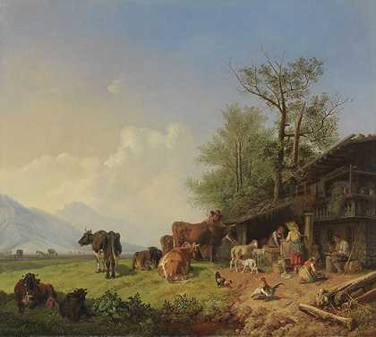 1850年左右，有井的农场。 by Heinrich Bürkel