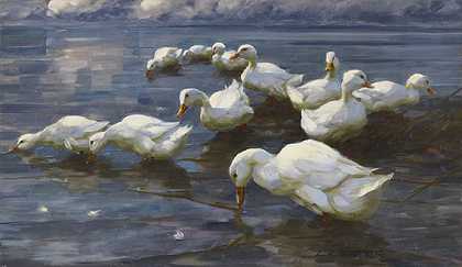 湖岸上的鸭子，1909-1913年。 by Alexander Koester