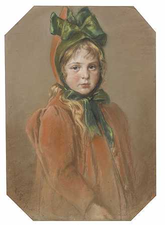 带绿色蝴蝶结的女孩肖像（艺术家的女儿），1889年。 by Wilhelm Carl Räuber