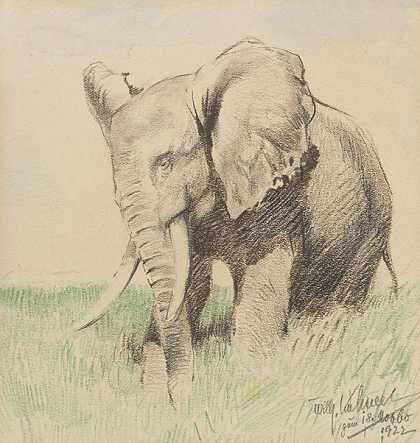 大草原上的非洲象，1922年。 by Wilhelm Kuhnert