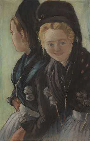 两位身穿元首服装的年轻女性，约1901-1914年。 by Otto Heinrich Engel