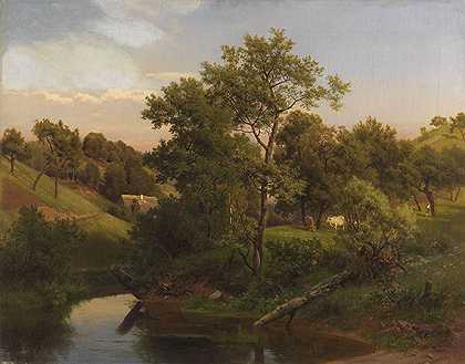 1867年，有农舍和牧牛人的河流牧场。 by Eduard Leonhardi