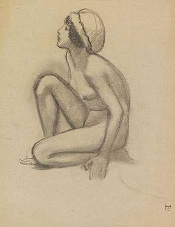 带帽跪着的裸体女性，约1890-1910年。 by Ludwig von Hofmann