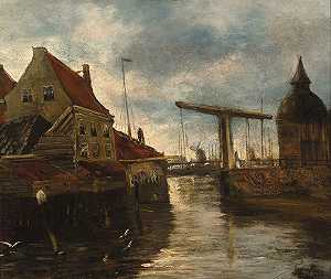 带有吊桥的城市景观，约1885年 by Vincent van Gogh