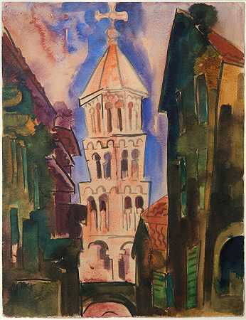 带教堂塔的城市景观，1925年 by Karl Schmidt-Rottluff
