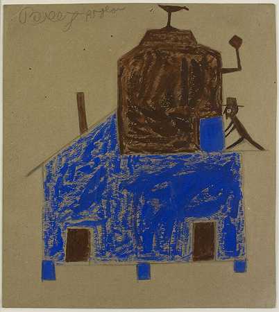 无标题（带烟囱的蓝色和棕色房屋），约1939-1942年 by Bill Traylor