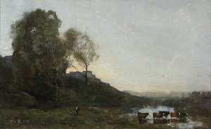 Le Guéaux Five奶牛（五头奶牛的福特），约1865年 by Jean-Baptiste-Camille Corot