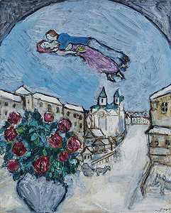 天空中的情人或白雪覆盖的村庄（维捷布斯克），1928-1930年 by Marc Chagall