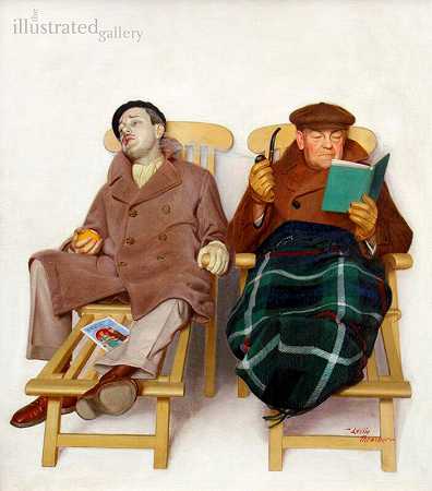 两个坐在躺椅上的男人，《星期六晚报》封面，1937年 by Leslie Thrasher