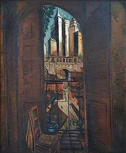 从阳台（摩天大楼城市：1928），约1927年 by Glenn O. Coleman