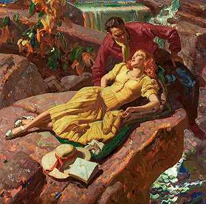 岩石上的情侣装饰艺术，1931年 by Dean Cornwell