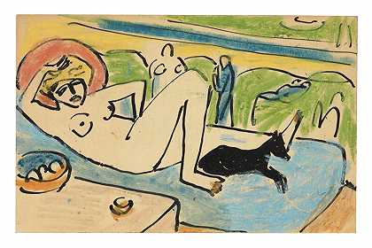 与狗裸体躺着的女性，约1911年 by Erich Heckel