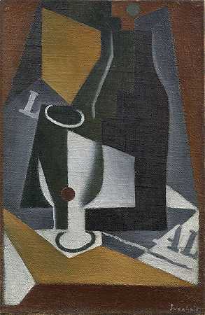 瓶子、玻璃和报纸，1918年 by Juan Gris