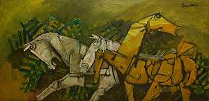 三匹马，1990-2000 by Maqbool Fida Husain