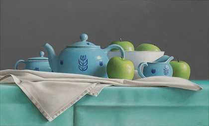蓝色茶具和青苹果，2004年 by Janet Rickus