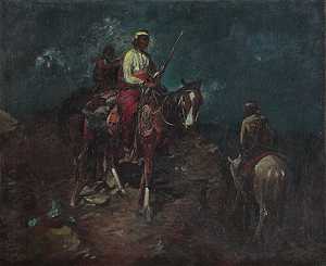 印第安人在月光下骑马，约1910年 by Frank Tenney Johnson
