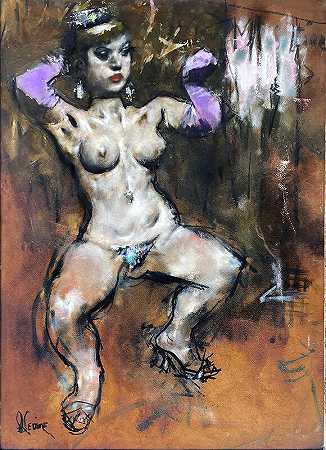 1979年，戴着紫色手套的裸体舞者滑稽脱衣舞女《凹凸》 by Jack Levine