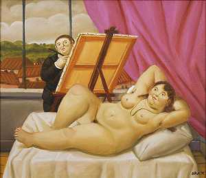 画家和模特，1998年 by Fernando Botero