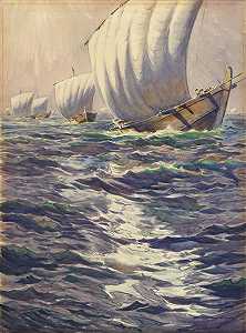 Tomohotku，波涛汹涌的水面上的帆船。，约1920年 by Martin Lewis