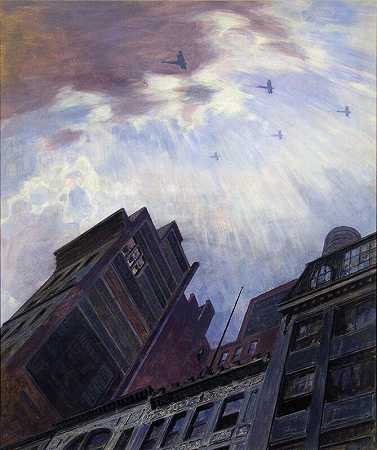 纽约市上空的双翼飞机。（一战胜利飞行），约1919年 by Martin Lewis