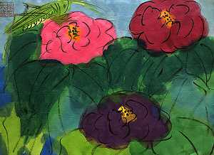 蚱蜢和三朵玫瑰，约1990年 by Walasse Ting 丁雄泉