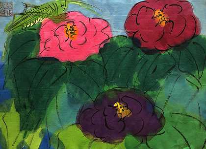 蚱蜢和三朵玫瑰，约1990年 by Walasse Ting 丁雄泉