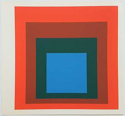 向广场致敬：蓝色+深绿色搭配2件红色，1977年 by Josef Albers