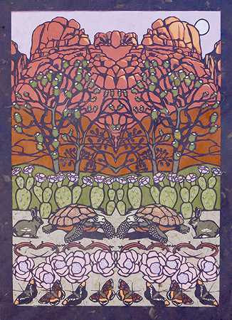 沙漠黎明-当代分层叙事，手工纸和惊人的颜色（锈+紫+绿），2017年 by Lorraine Bubar