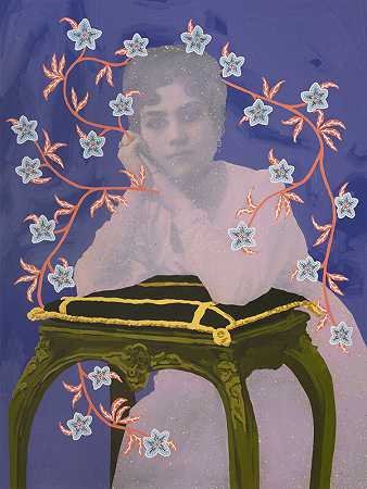 无标题（Cosmis Lavender Woman，带青色花朵和枕头）（2020年） by Daisy Patton