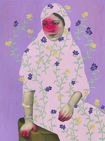 无标题（带黄色和紫色花朵的粉色女士坐姿）（2020） by Daisy Patton
