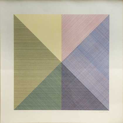 1980年，每半个正方形中有八个不同颜色的正方形（水平和垂直分开） by Sol LeWitt