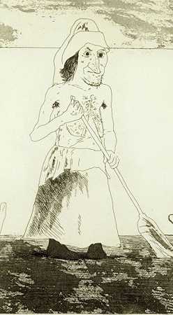1969年《格林兄弟六个童话》插图中花园里的女巫 by David Hockney