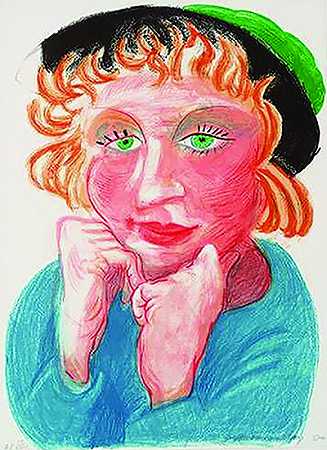 西莉亚戴着绿色帽子，1984年 by David Hockney