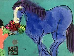 《蓝马与花束》，1990年代 by Walasse Ting 丁雄泉