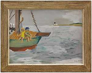 船上的女孩，纸上的水粉画，20世纪 by Judith Shah