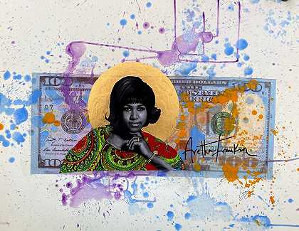 我们村庄的骄傲，阿蕾莎·富兰克林——带有美丽金色调的当代水彩画（蓝色+紫色）（2021） by Tijay Mohammed