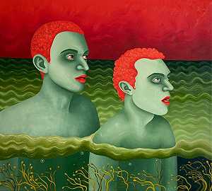 齐声合唱（两个男孩在绿水中游泳）（2021年） by María Fragoso