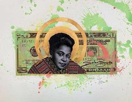 塞尔玛·伯克（Selma Burke）——当代水彩肖像画，配美丽的金戒指（绿色+粉色）（2021年） by Tijay Mohammed