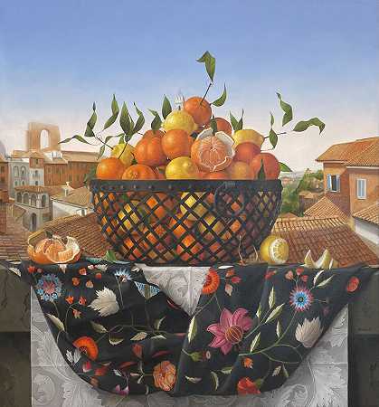 篮子里装着橘子的静物画（2021年） by James Aponovich