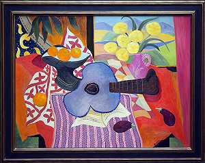 吉他、水果碗和花瓶里的花（2021年） by Erik Renssen