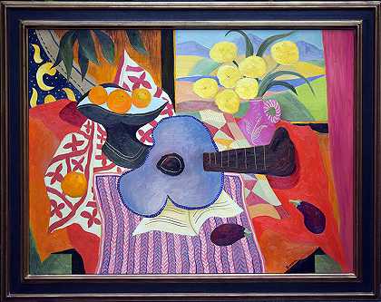 吉他、水果碗和花瓶里的花（2021年） by Erik Renssen