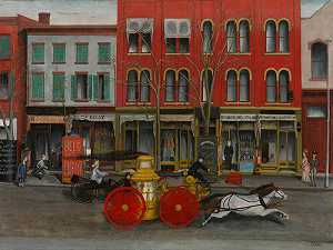 新泽西州伊丽莎白市布罗德街的消防车（约1889年） by American