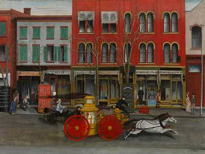 新泽西州伊丽莎白市布罗德街的消防车（约1889年） by American